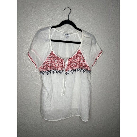 Old Navy Shirt Womens Large White Red Blue Embroidered Boho Peasant Top Cotton - Picture 1 of 6